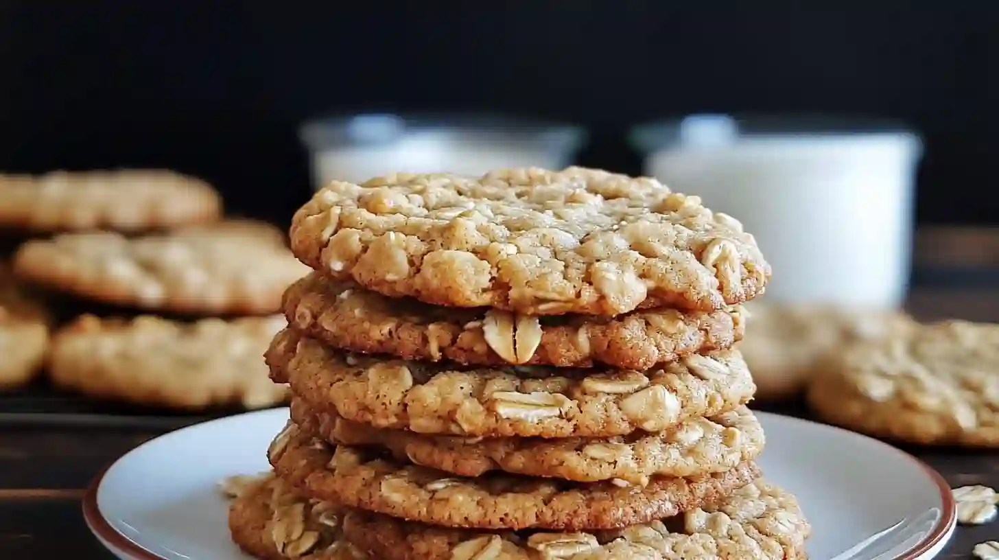Stack of chewy peanut butter oatmeal cookies on a plate