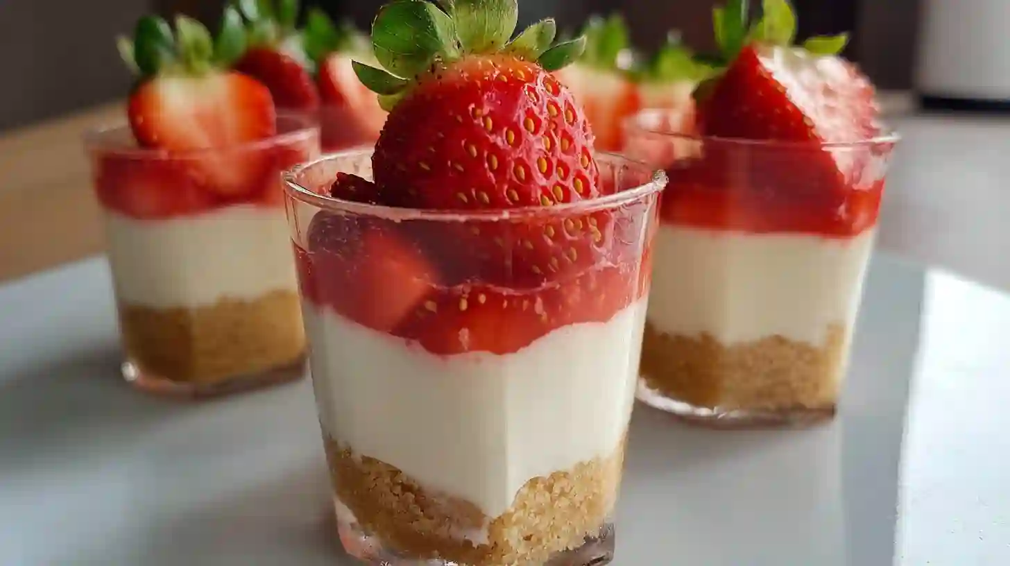 Finished Strawberry Cheesecake Cups with fresh strawberries and graham cracker crust