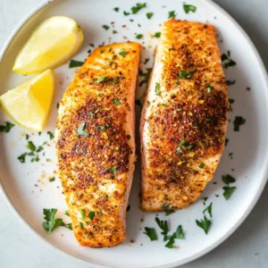 Final dish of air fryer salmon with greens and lemon