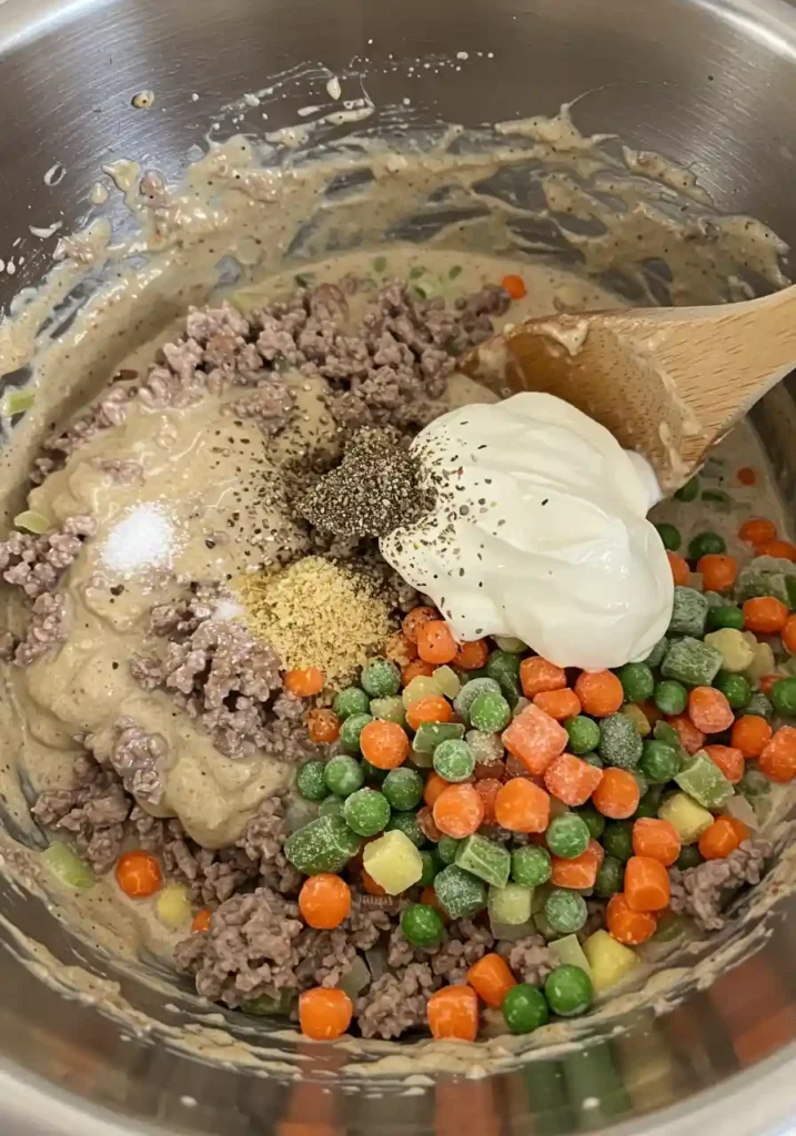 Ground beef mixture topped with tater tots in dish