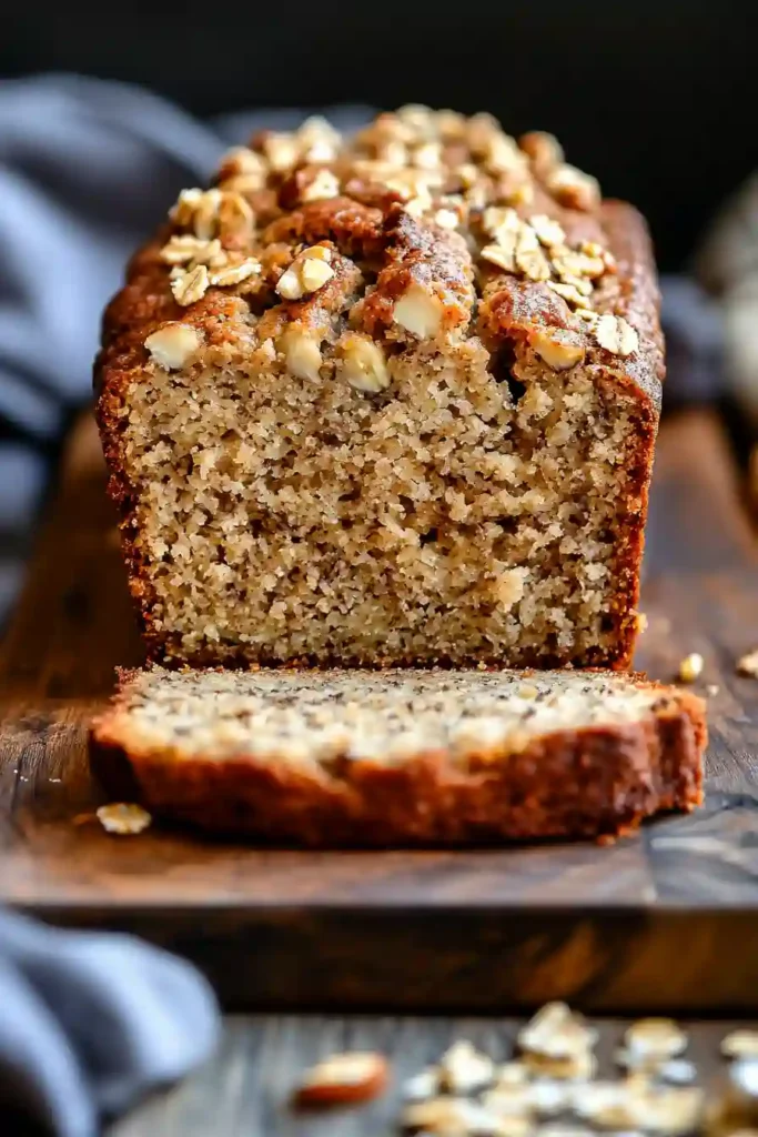 Freshly baked oatmeal banana bread cooling on a rack
