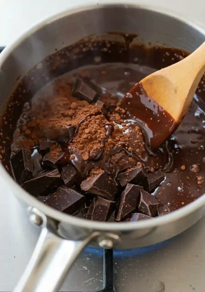 Chocolate melting with cocoa and syrup in a small saucepan