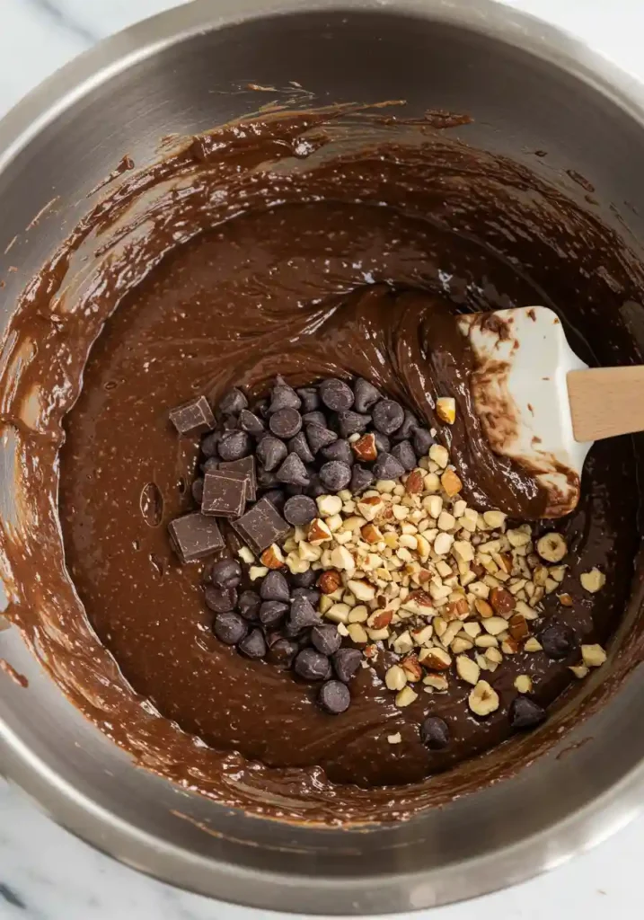 Hand mixing brownie batter in a glass bowl