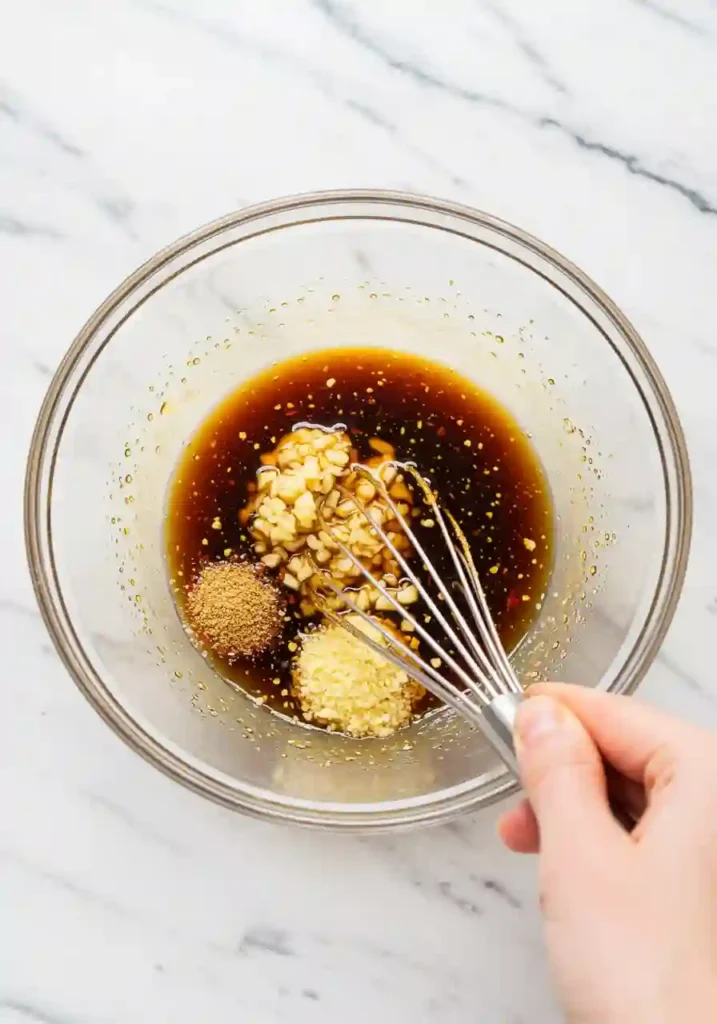 Bowl with whisked honey, soy sauce, garlic, and lemon juice