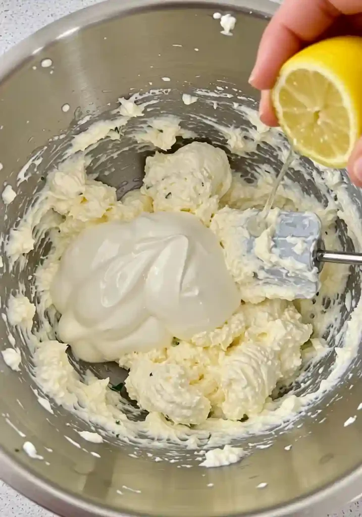 Softened cream cheese in bowl with lemon juice and herbs