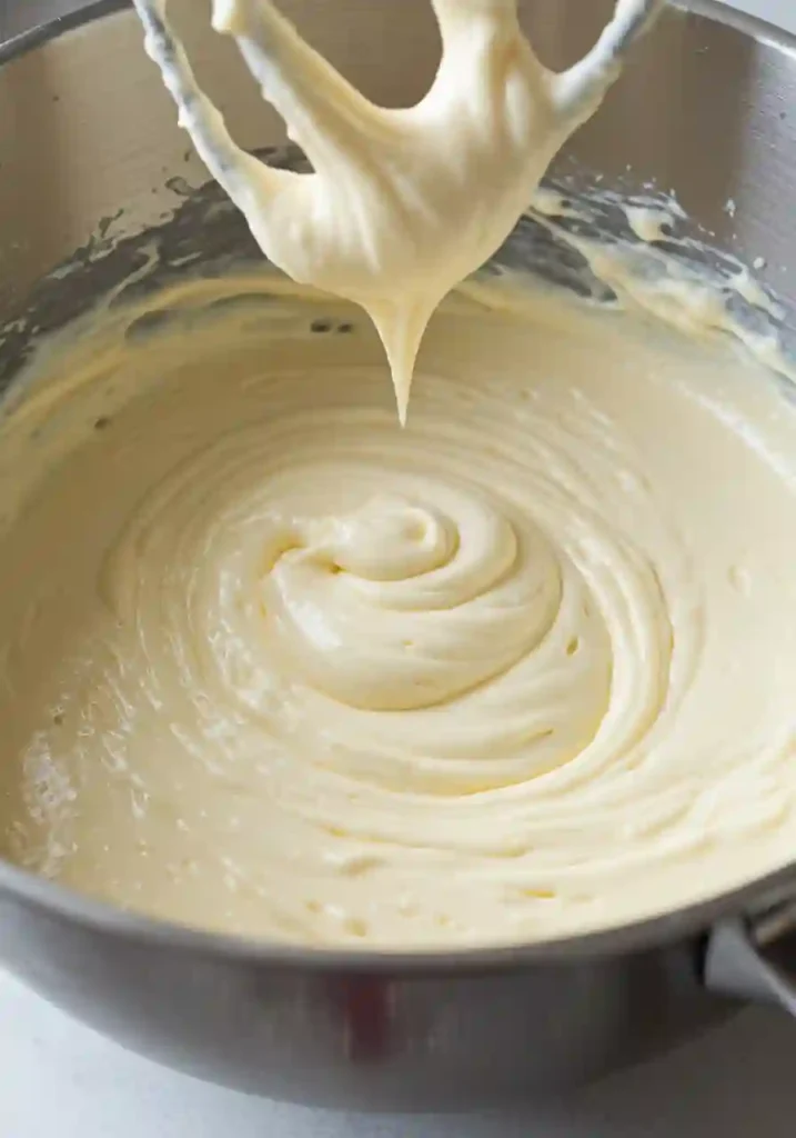 Beating cream cheese and sugar to create smooth cheesecake filling