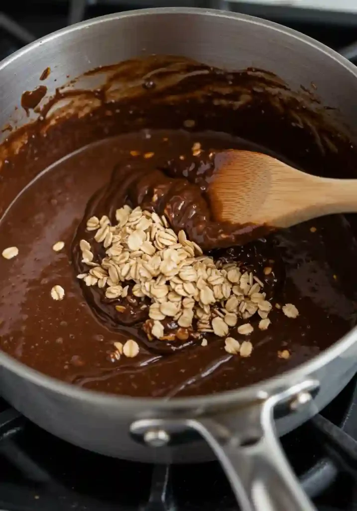 Stirring quick oats into hot chocolate mixture for no bake cookies