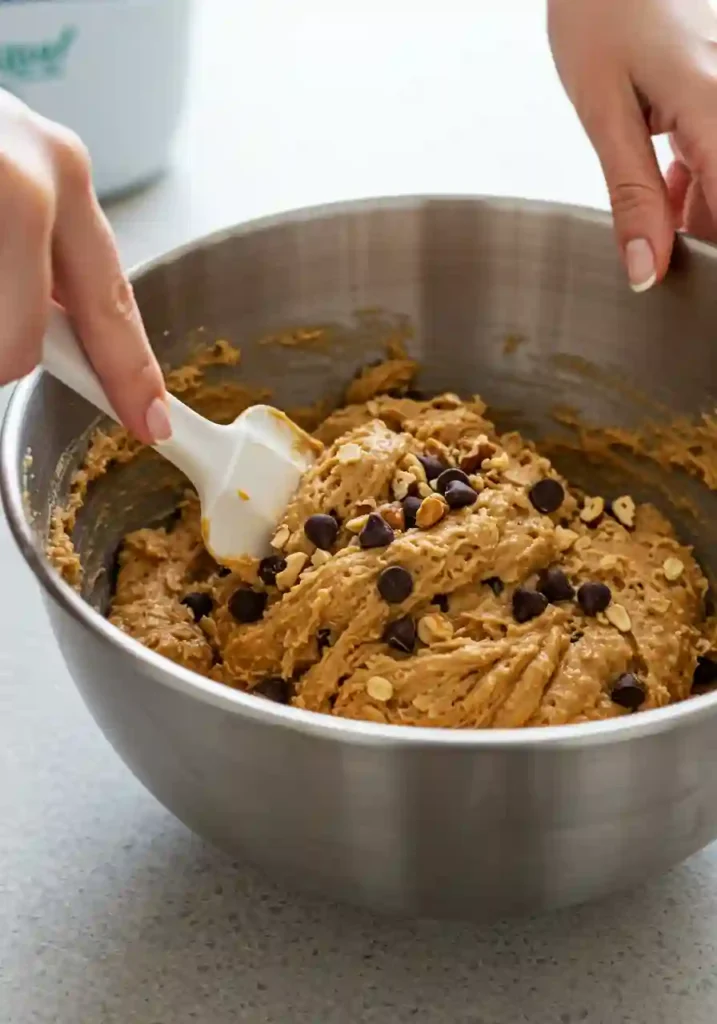 Cookie dough being mixed with chocolate chips in a bowl