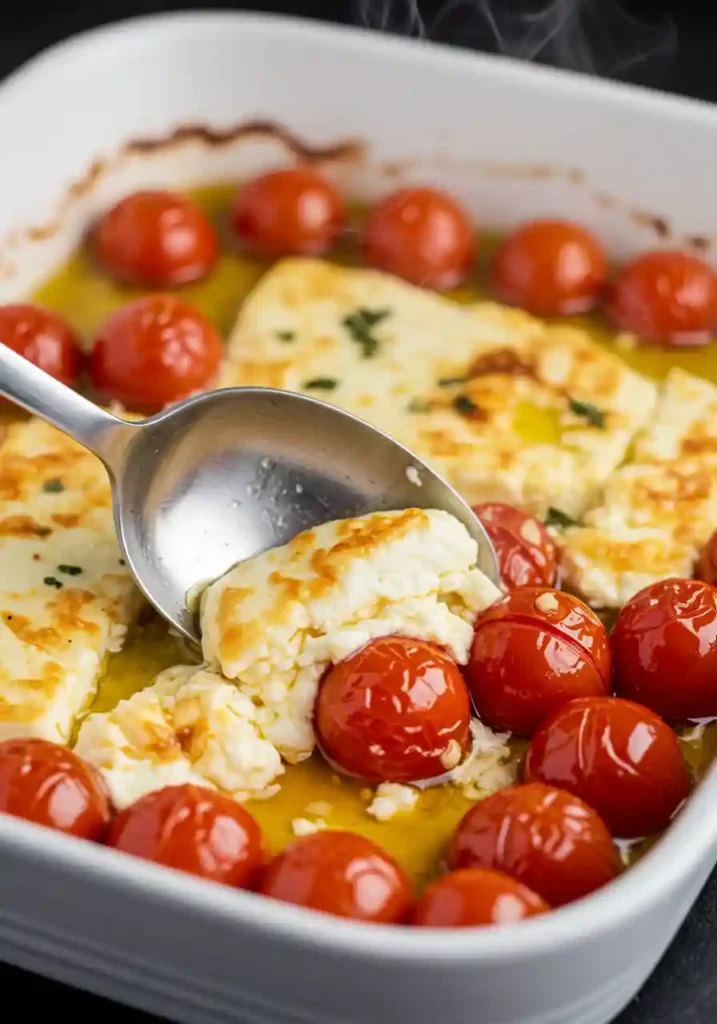 Roasted feta and tomatoes being stirred into a creamy mix