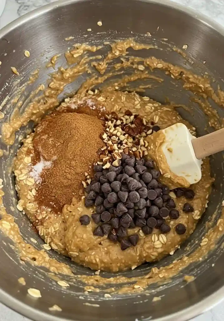 Wet and dry ingredients being combined in a large mixing bowl