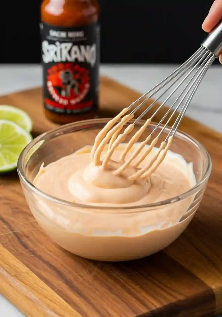 A bowl with mayonnaise, sweet chili sauce, sriracha, and lime
