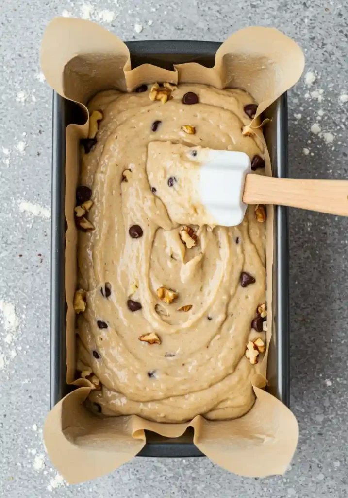Mixing bowl with banana bread batter and spatula