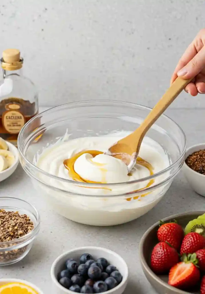 Yogurt being stirred with maple syrup and vanilla in a bowl