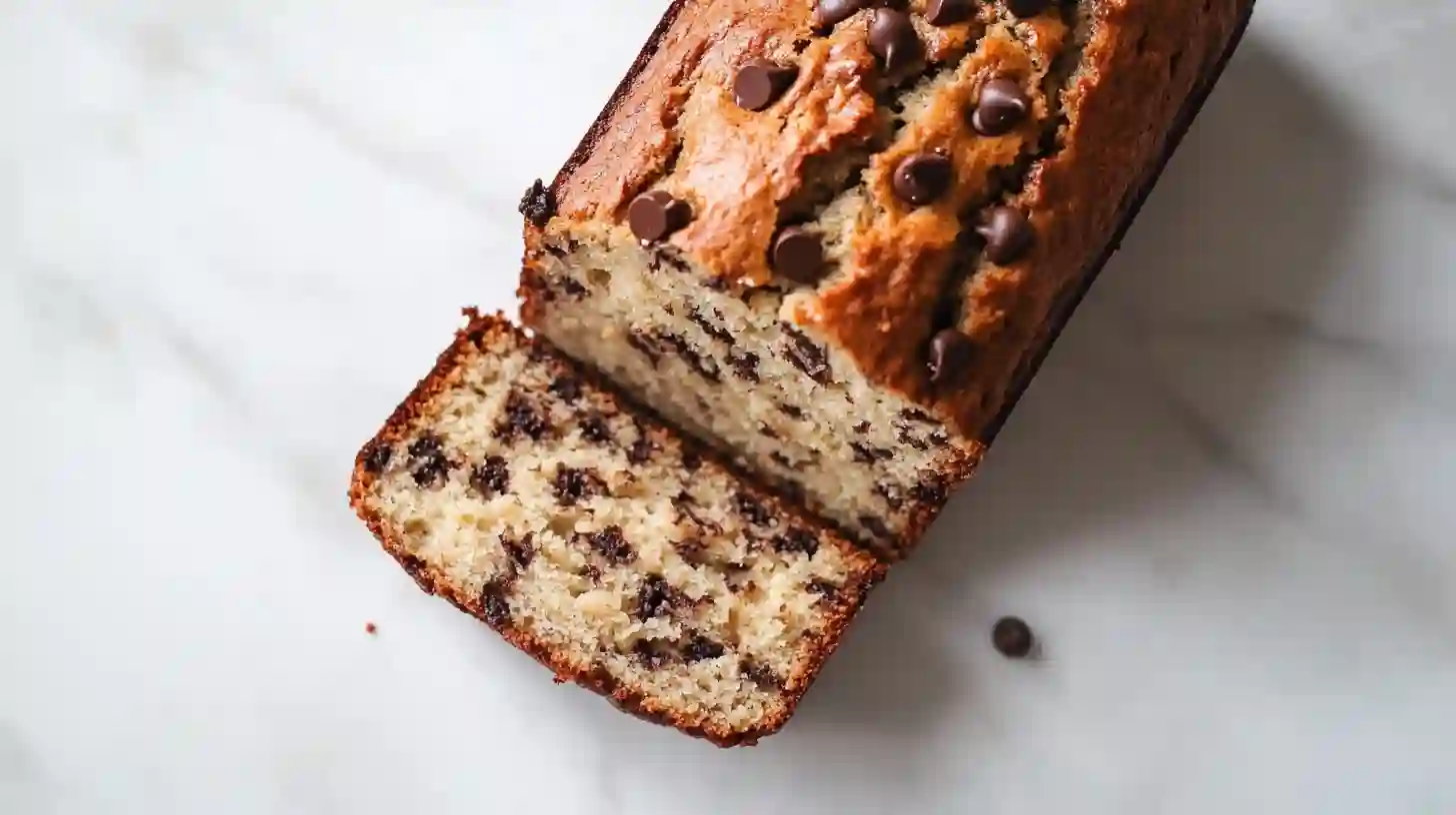 Freshly baked Greek yogurt banana bread loaf sliced on a board