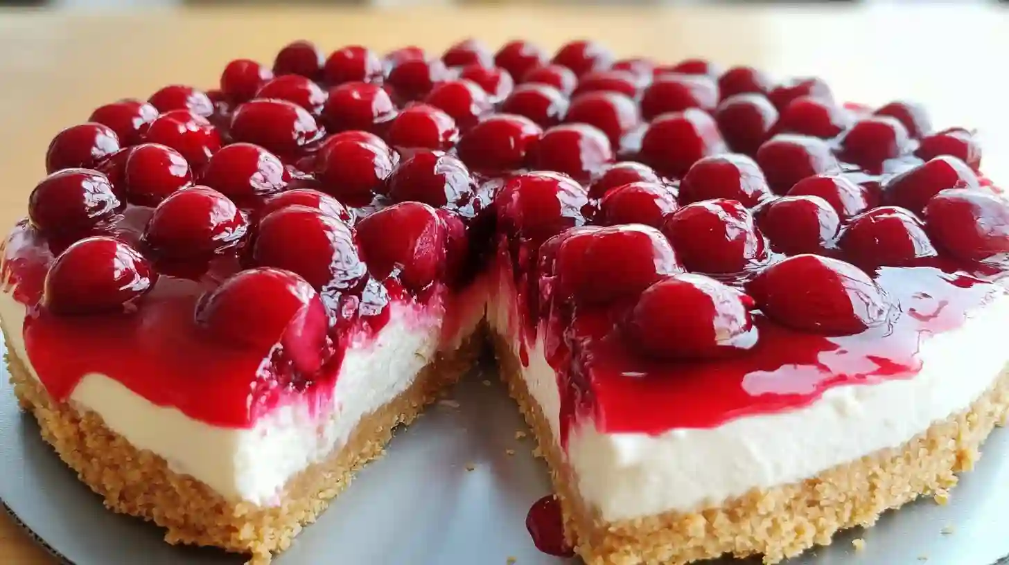 Whole no bake cherry cheesecake topped with cherries