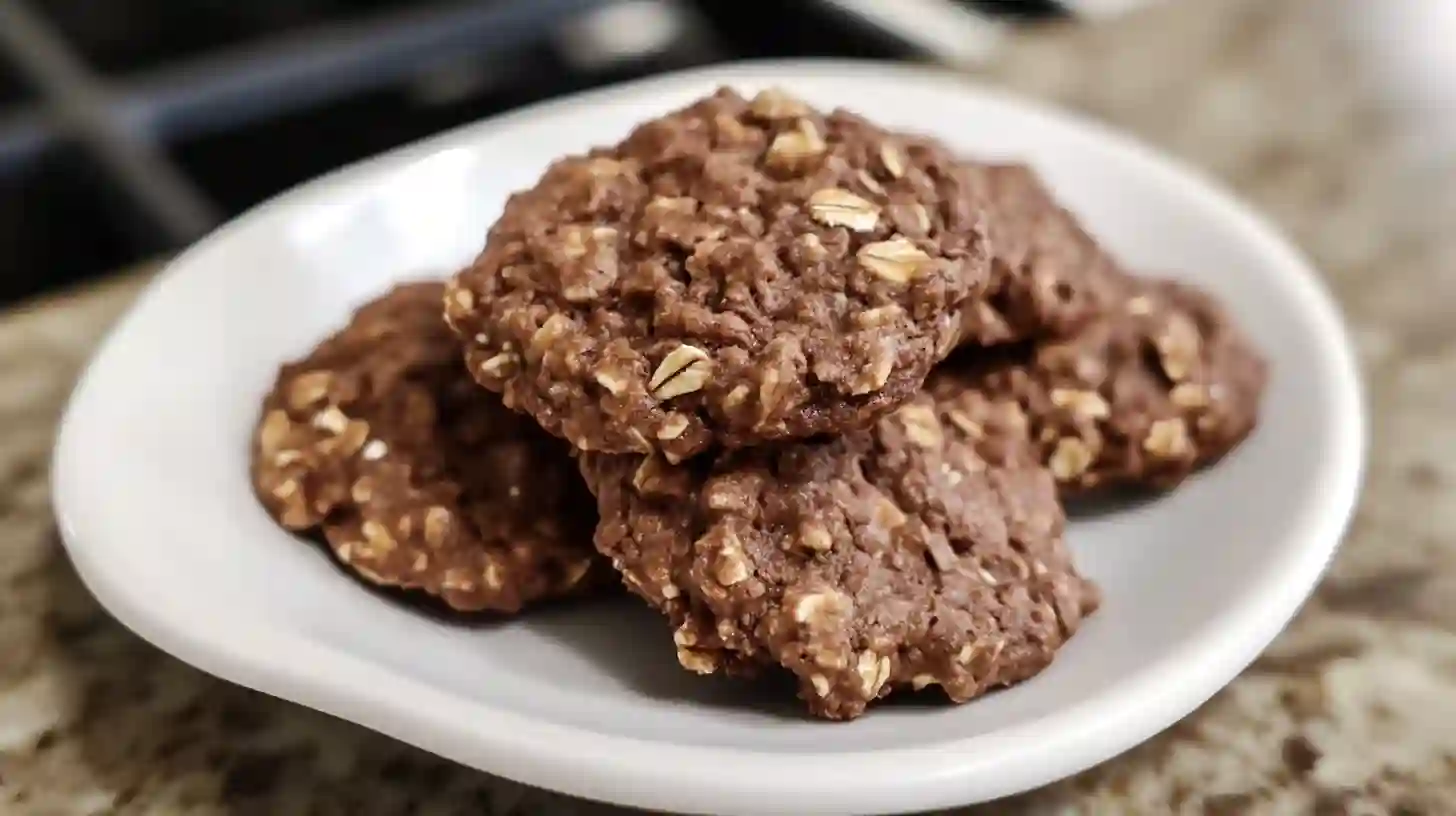 Stack of no bake chocolate oatmeal cookies on a plate
