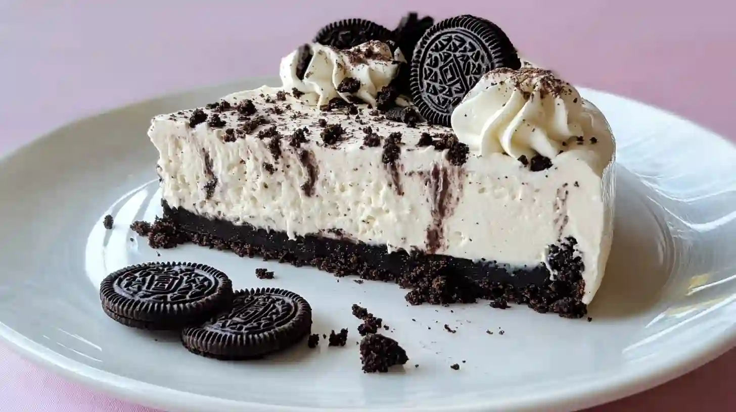 Creamy No Bake Oreo Cheesecake with Oreo cookie crust and crushed Oreo topping