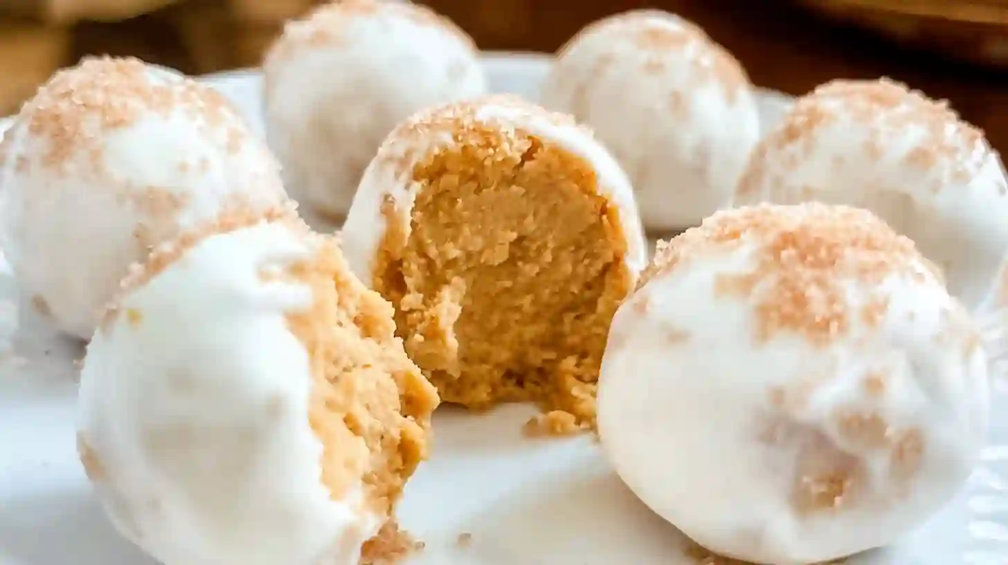 Pumpkin cheesecake balls coated in white chocolate on a serving plate