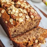 Freshly baked oatmeal banana bread on a wooden board