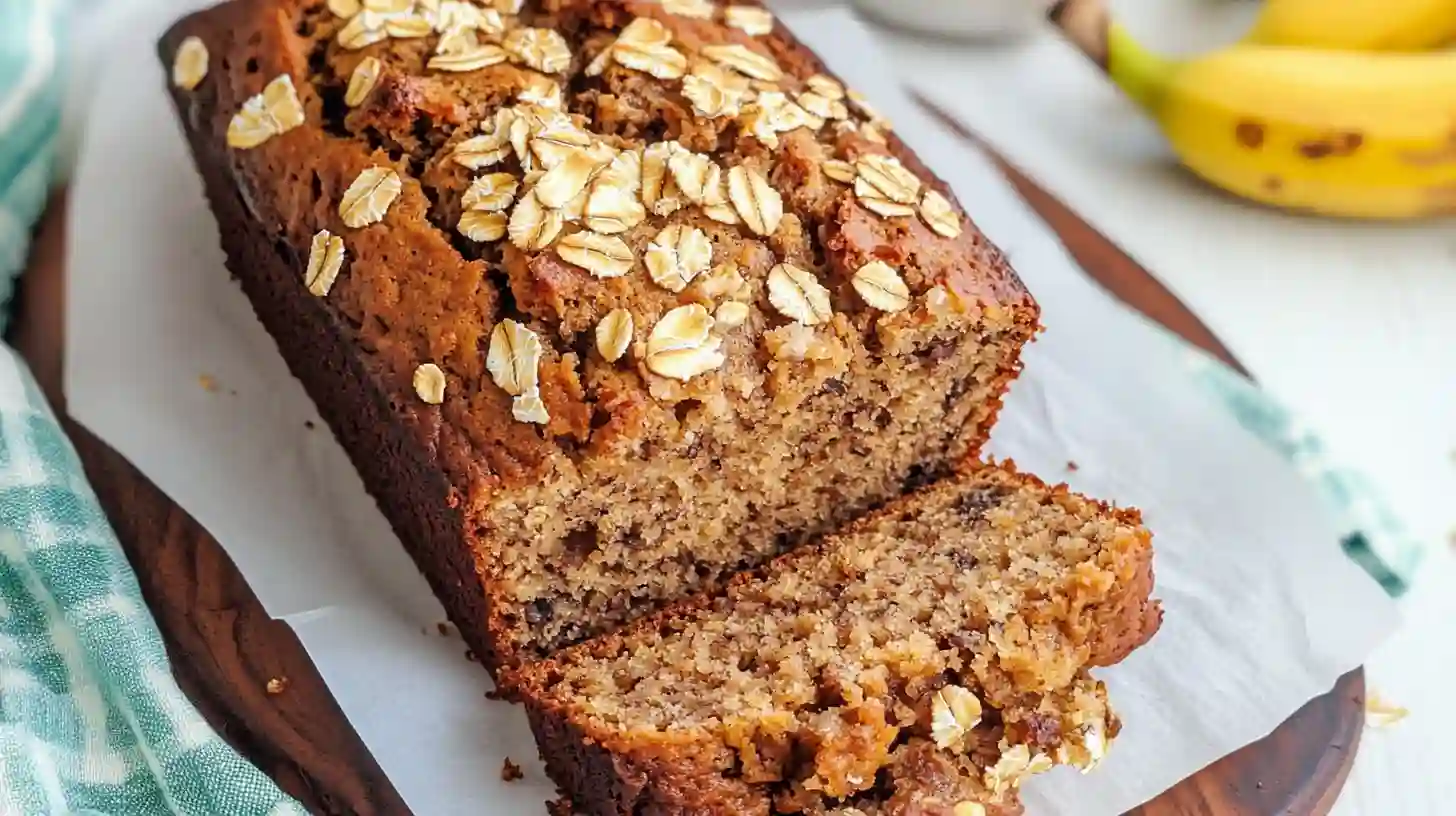 Freshly baked oatmeal banana bread on a wooden board