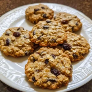 Plate of oatmeal raisin cookies with a bite taken