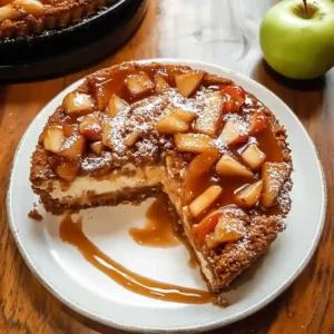 Slice of creamy caramel apple cheesecake topped with apples and caramel