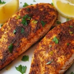 Plated air fryer salmon with lemon slices and herbs