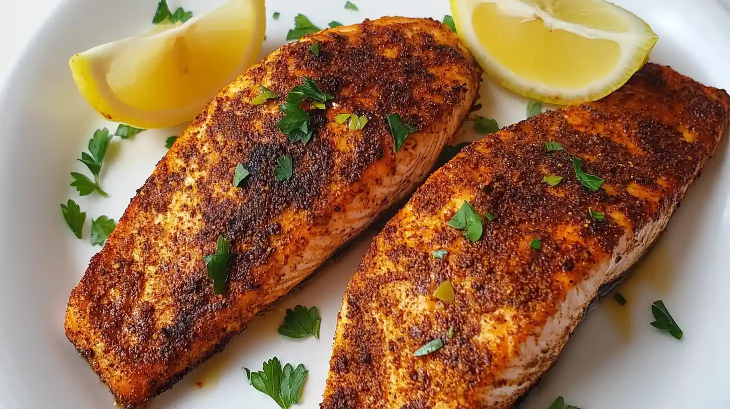 Plated air fryer salmon with lemon slices and herbs