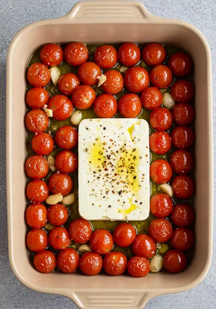 Block of feta placed in the center of cherry tomatoes