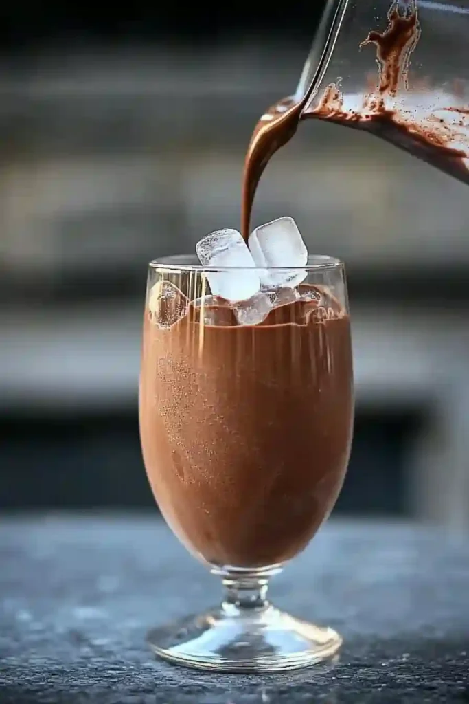 Blended chocolate drink poured over a glass filled with ice cubes