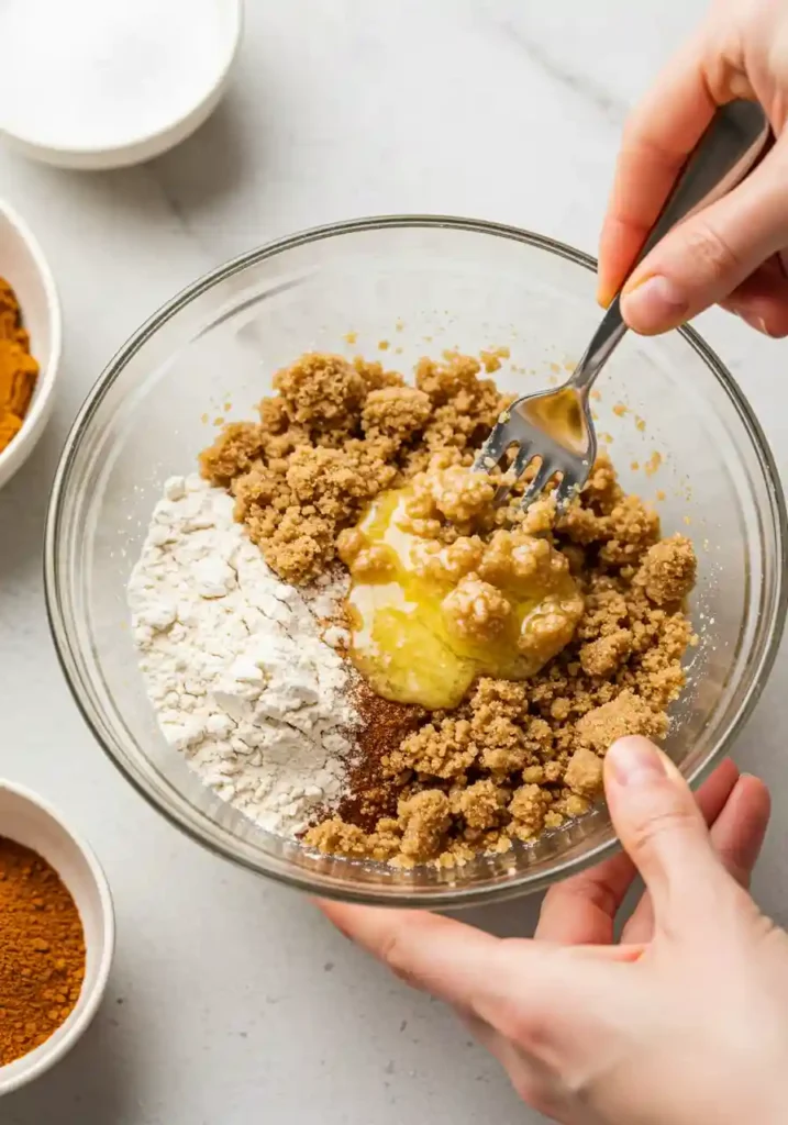 Brown sugar and flour mixture with melted butter for streusel