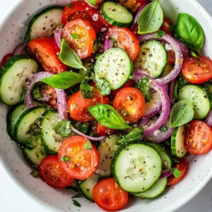 Cucumber tomato salad plated with fresh herbs