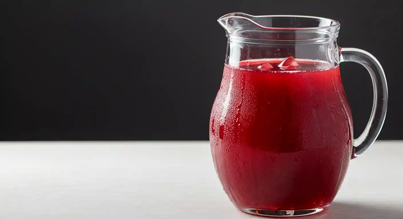 Glass of cranberry juice with ice and lemon slice