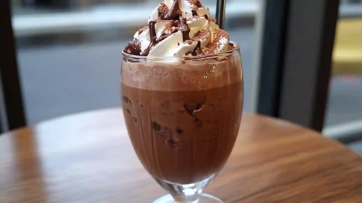 Glass of iced chocolate drink with whipped cream and chocolate flakes