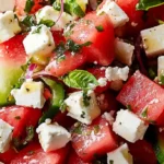 Colorful watermelon feta salad in a bowl with herbs