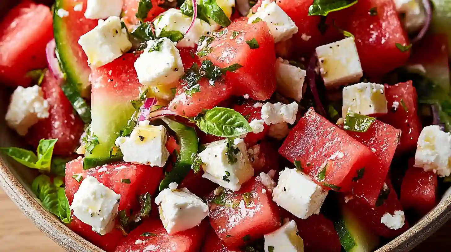 Colorful watermelon feta salad in a bowl with herbs