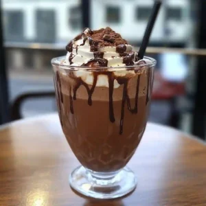 Glass of ice chocolate drink with whipped cream and chocolate drizzle