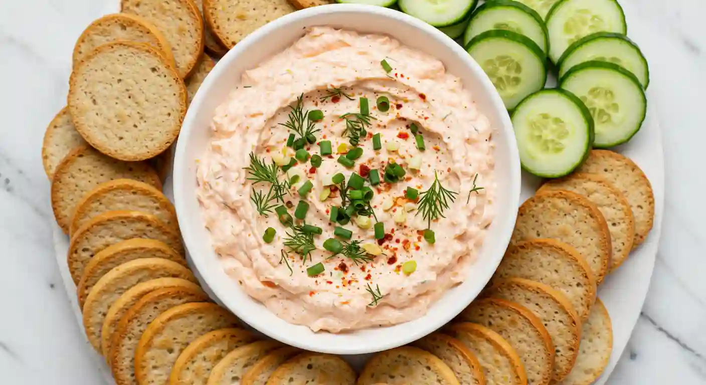 Bowl of creamy smoked salmon dip with crackers