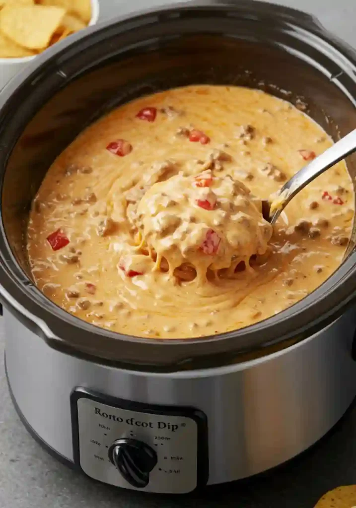Velveeta, beef, and Rotel slowly melting in crockpot