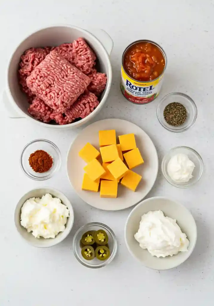 Ground beef, Velveeta, Rotel tomatoes, and spices for dip