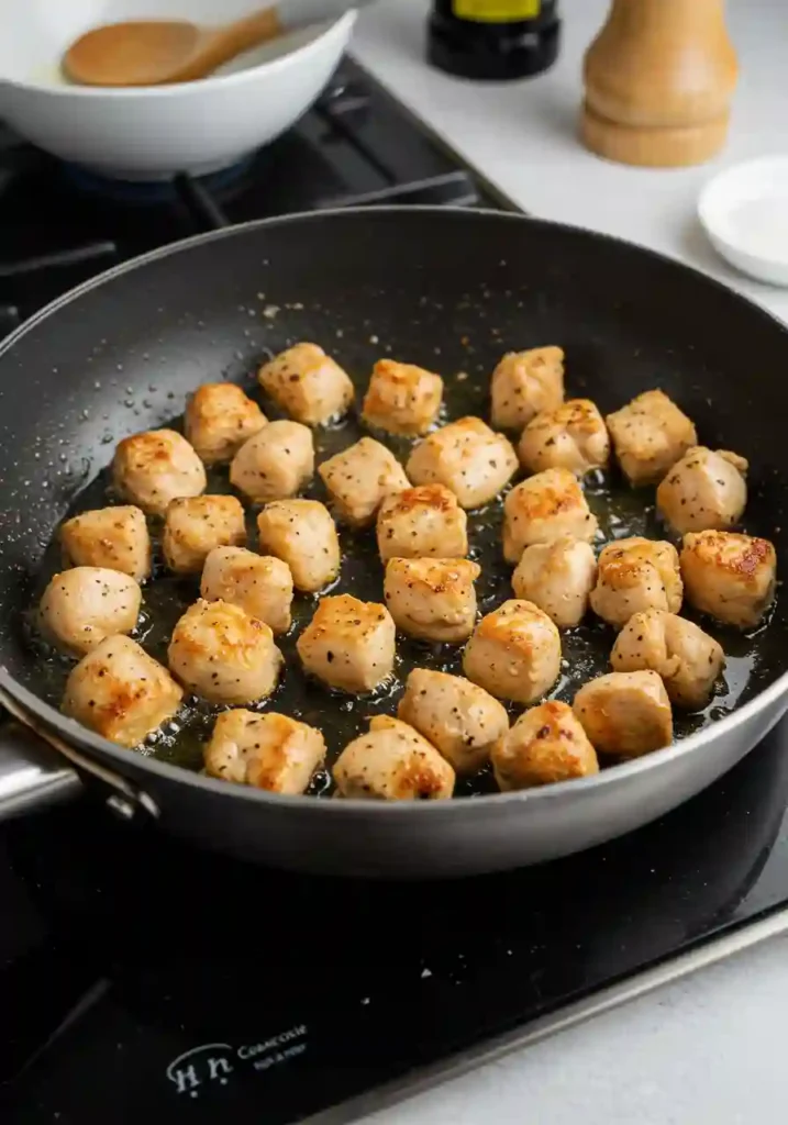 Cooking Chicken and Garlic in Skillet for Alfredo Sauce