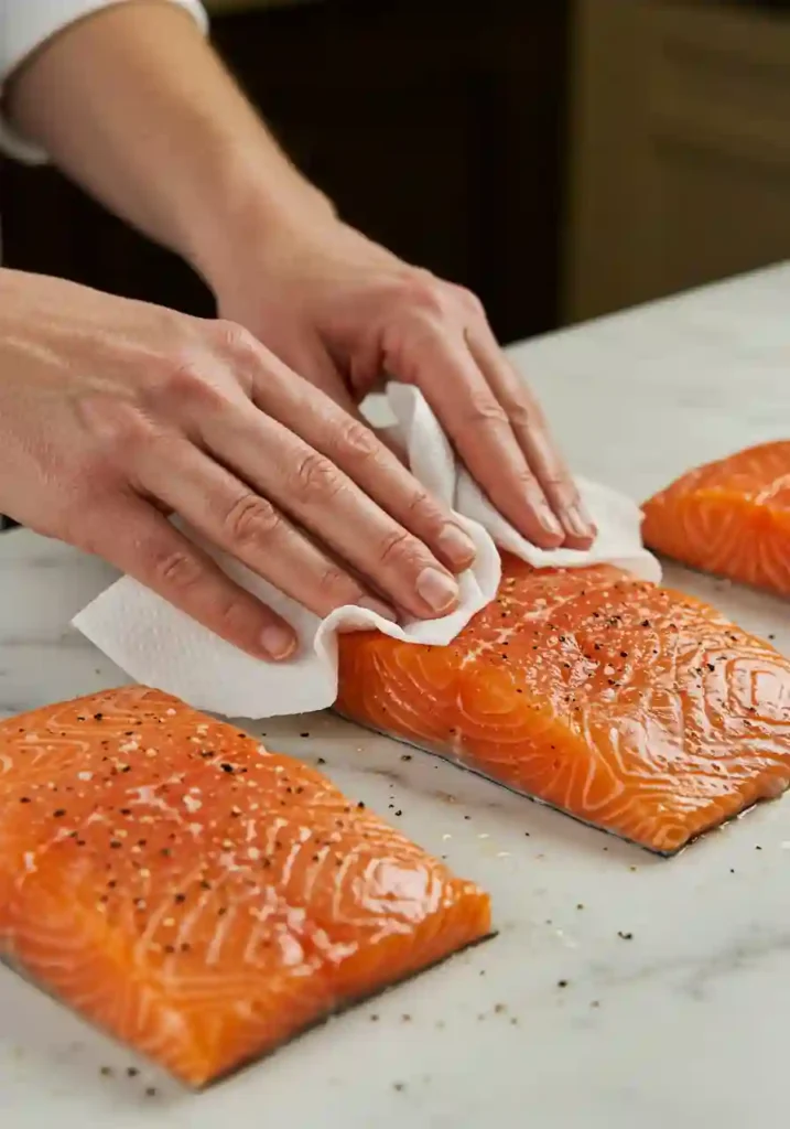 Raw salmon fillets seasoned with salt and pepper on a cutting board