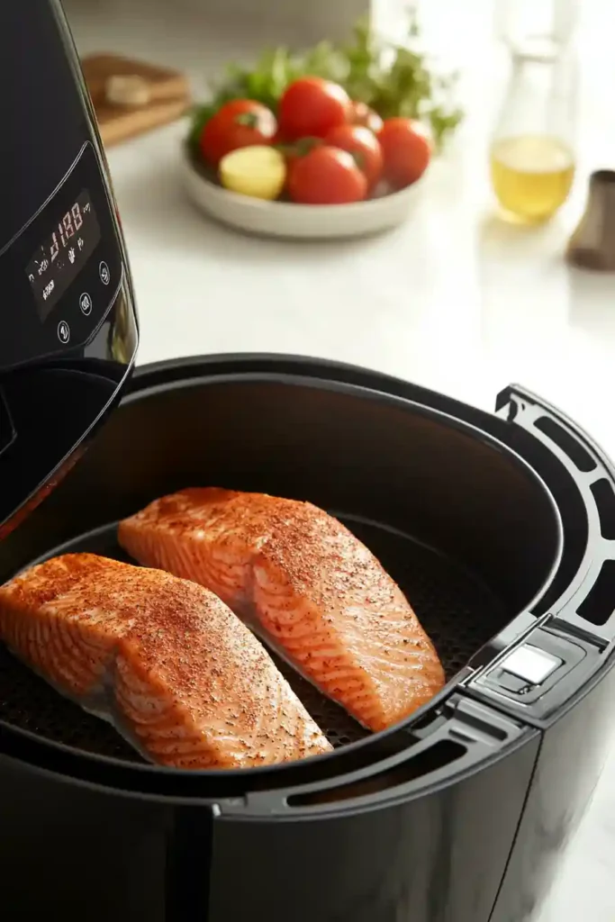 Salmon filets seasoned and placed in air fryer basket