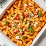 Finished baked feta tomato pasta garnished with basil