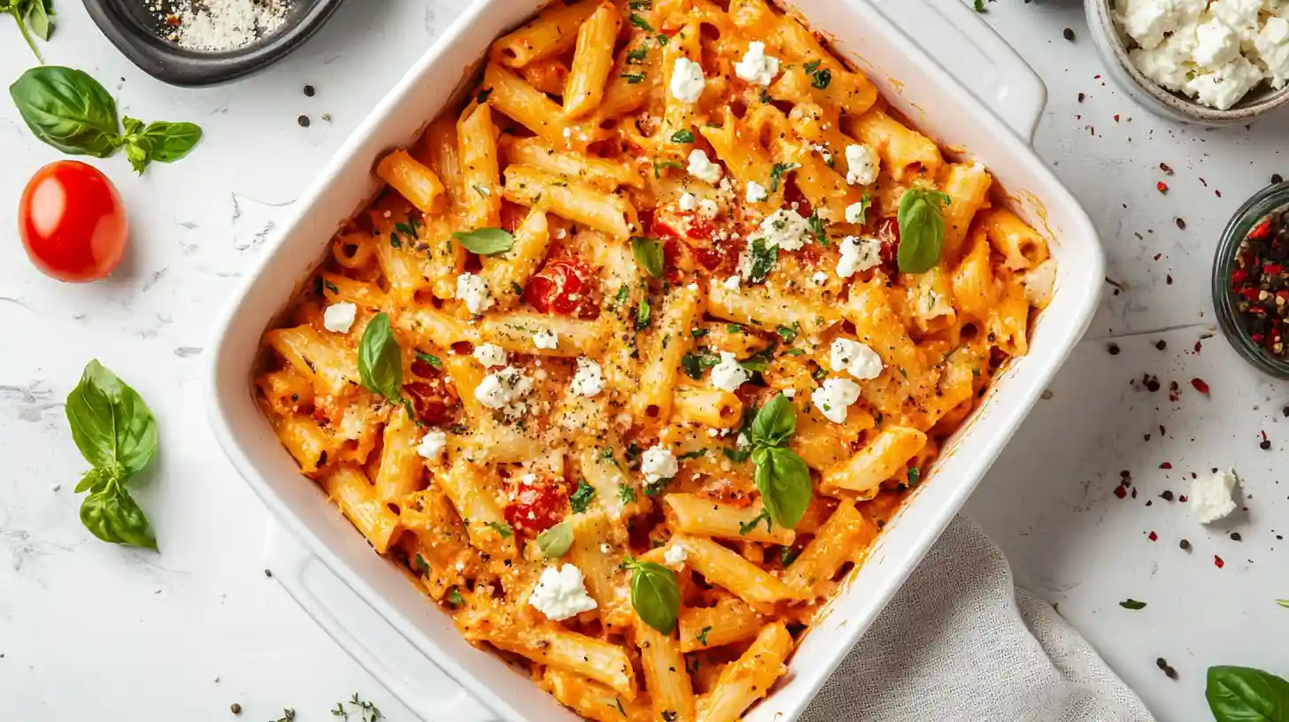 Finished baked feta tomato pasta garnished with basil