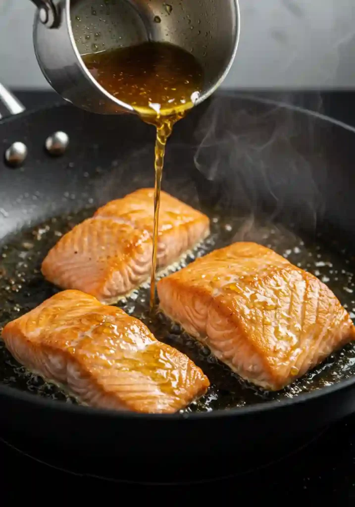 Salmon fillets cooking in a skillet with honey garlic sauce
