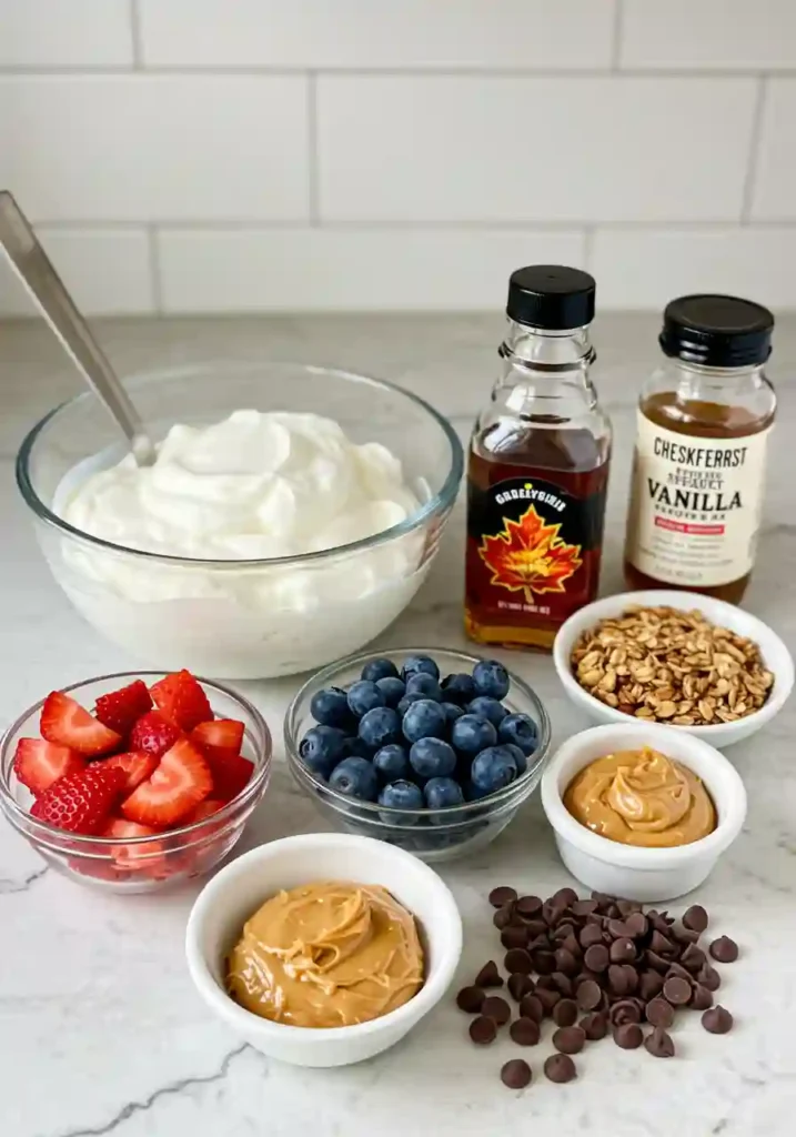 Greek yogurt, fruit, granola, and maple syrup on a counter