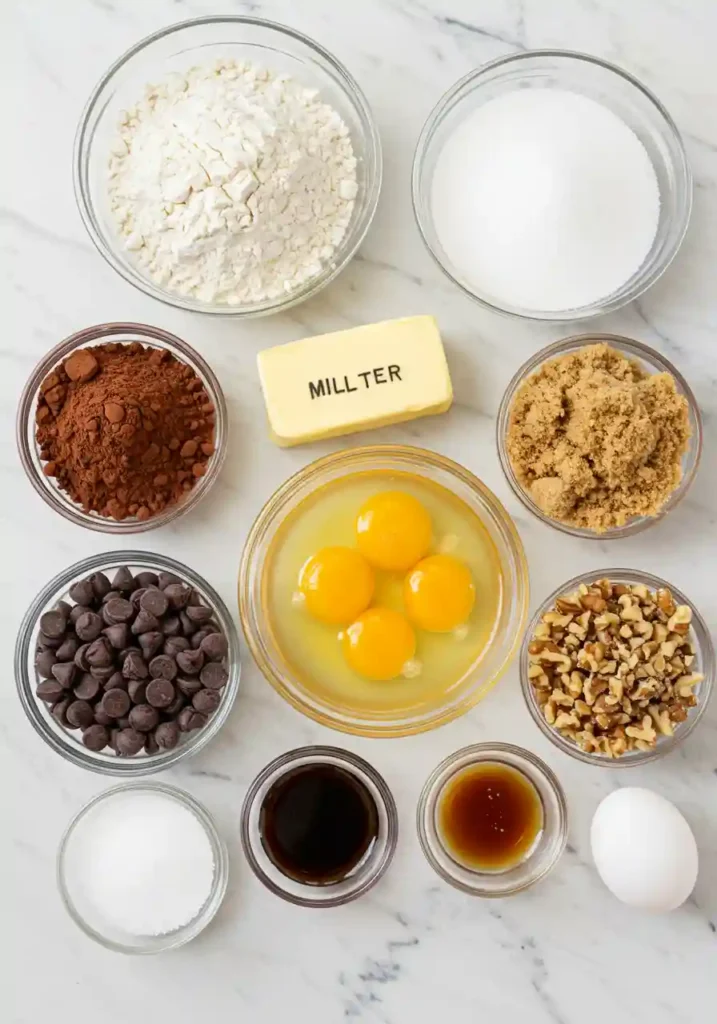 Bowls of cocoa powder, flour, sugar, and eggs on a countertop