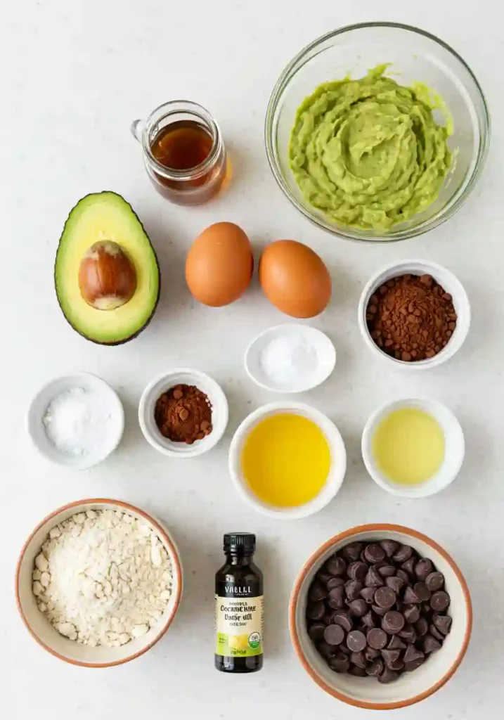 Ripe avocado, cocoa powder, almond flour, and chocolate chips on a table