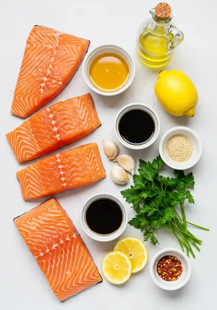 Raw salmon fillets with honey, garlic, soy sauce, and lemon on a board